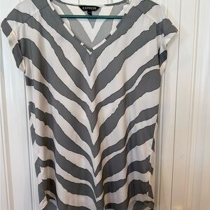 Express Gray and White V-Neck Zebra Stripe Tee